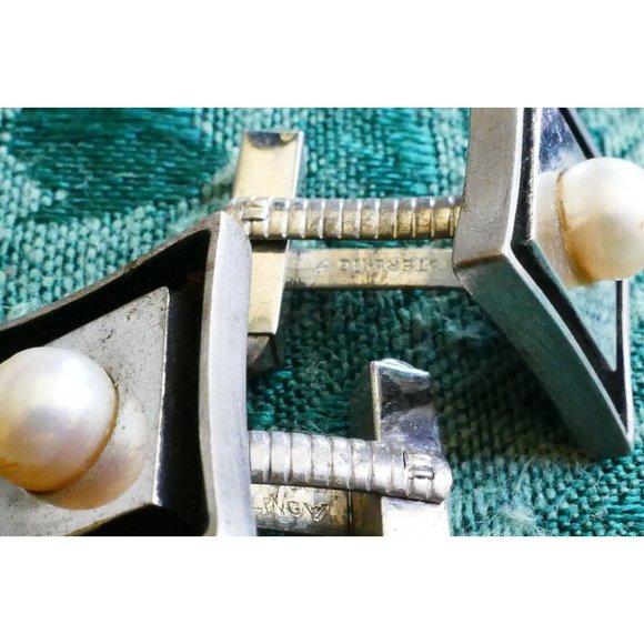 Moderniest MCM Sterling Silver & Pearl Jewelry Set Cufflinks Tie Bar Signed V - Picture 9 of 11